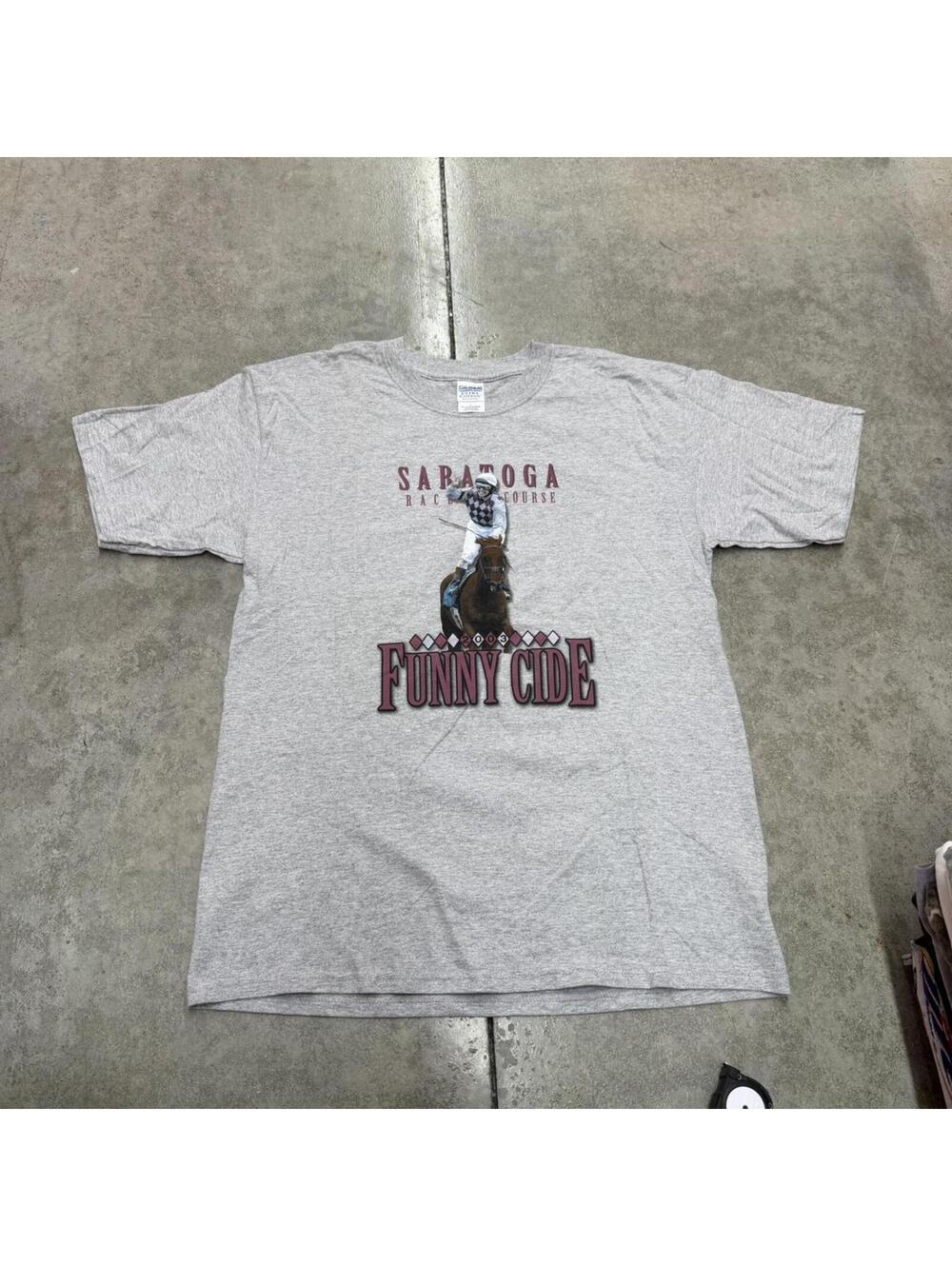 vintage saratoga horse race course funny cide sports grey shirt size large